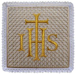 Picture of Liturgical Square Chalice Cover Pall in Hemp and Linen with Lace and Cross & IHS Embroidery by Chorus - Natural Ecru
